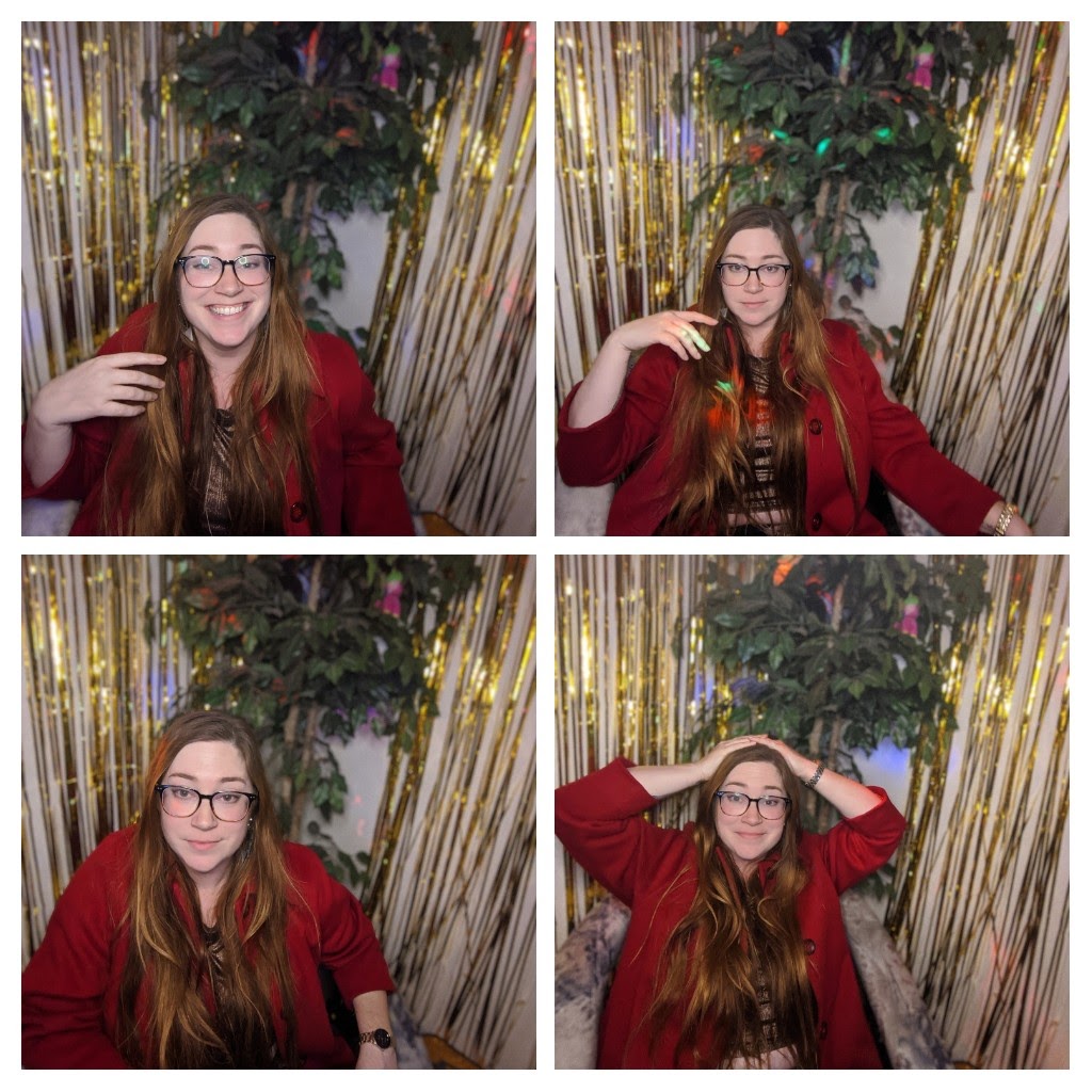 four photos of Sophia in a red coat with a gold background, enjoying herself